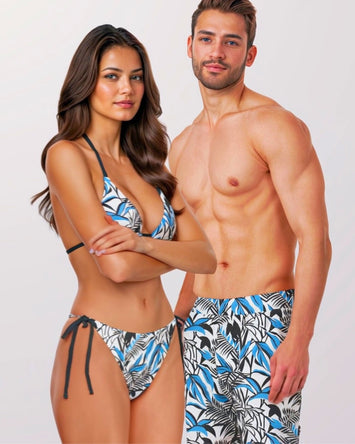 Couples Matching Swimsuits - Blue Tropical Abstract IX