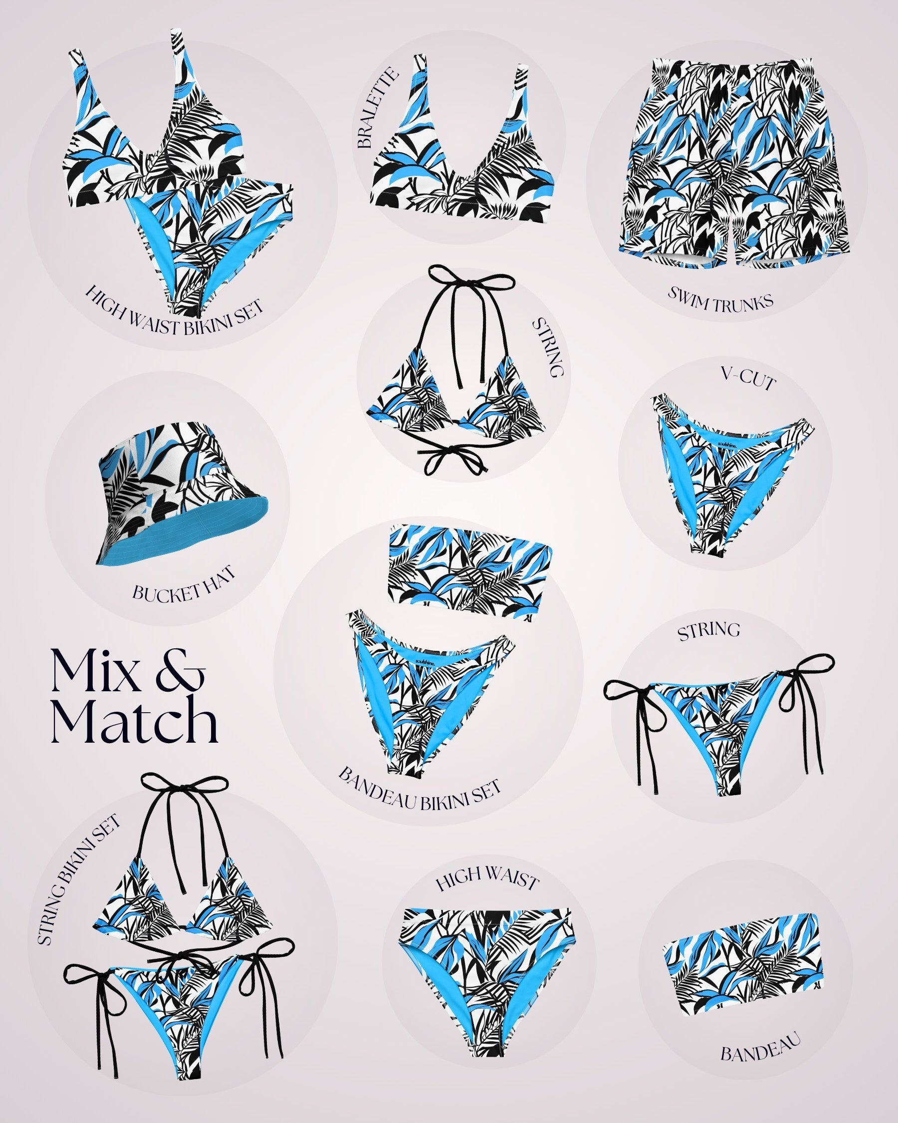 Couples Matching Swimsuits - Blue Tropical Abstract IX