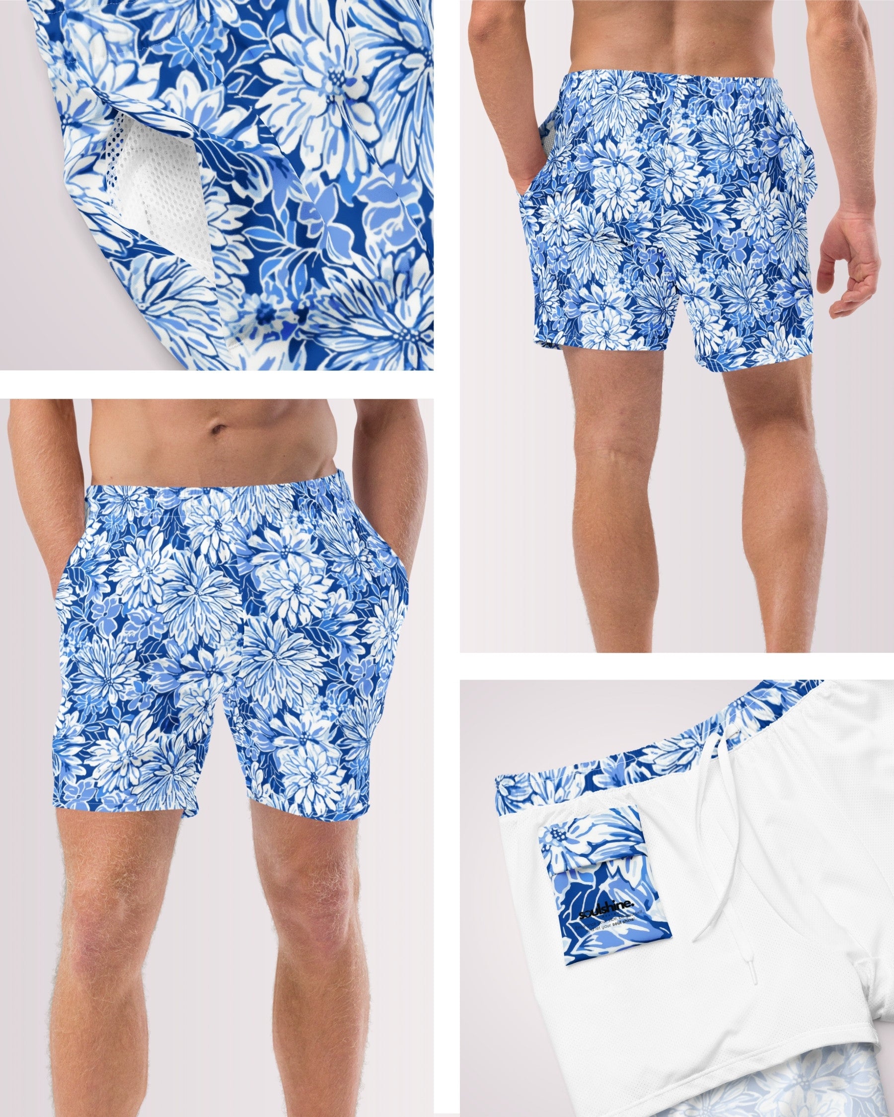 Mens Swim Trunks - Blue Floral V