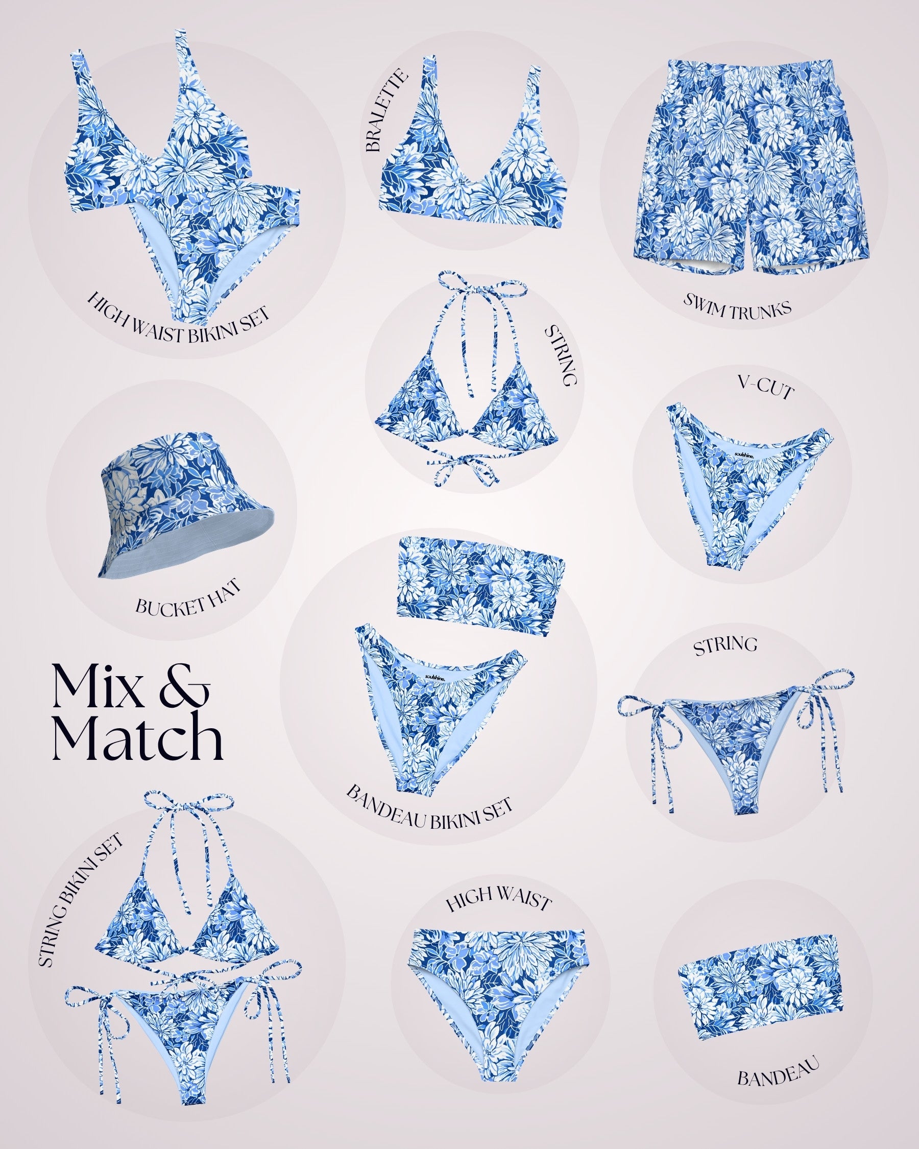 Couples Matching Swimsuits - Blue Floral V