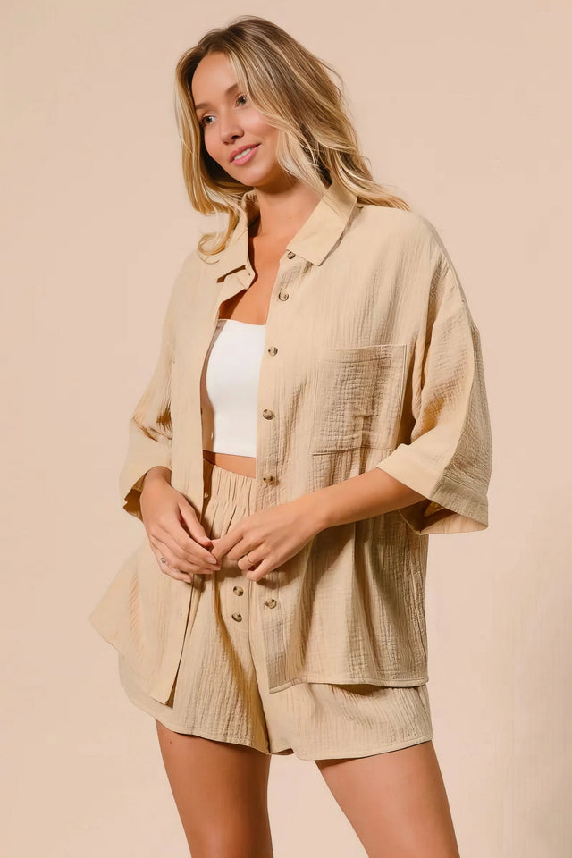 crinkle gauze shirt and short set, breezy women's loungewear, relaxed fit two-piece set, lightweight summer outfit, comfortable crinkle fabric, casual chic set, ideal for warm days