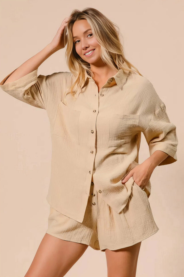 crinkle gauze shirt and short set, breezy women's loungewear, relaxed fit two-piece set, lightweight summer outfit, comfortable crinkle fabric, casual chic set, ideal for warm days