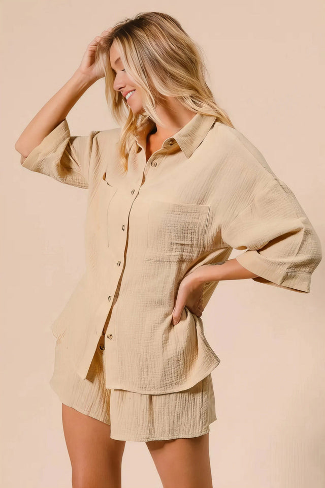 crinkle gauze shirt and short set, breezy women's loungewear, relaxed fit two-piece set, lightweight summer outfit, comfortable crinkle fabric, casual chic set, ideal for warm days