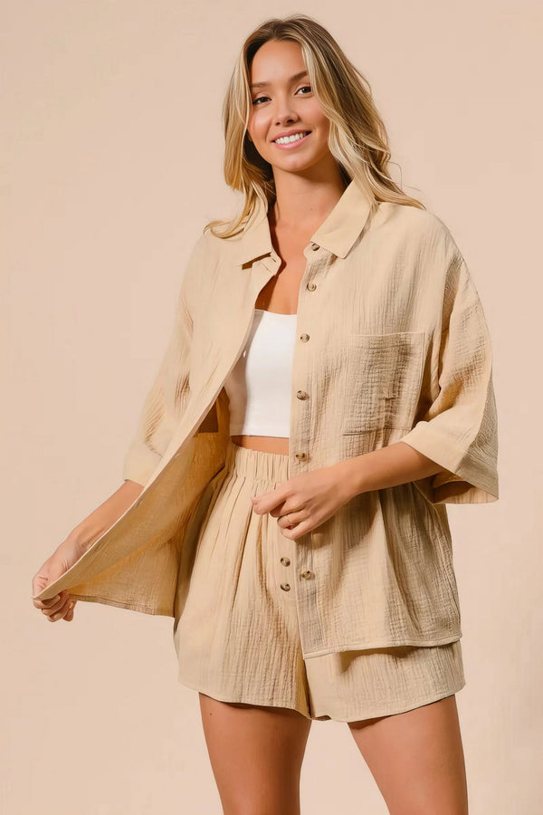 crinkle gauze shirt and short set, breezy women's loungewear, relaxed fit two-piece set, lightweight summer outfit, comfortable crinkle fabric, casual chic set, ideal for warm days