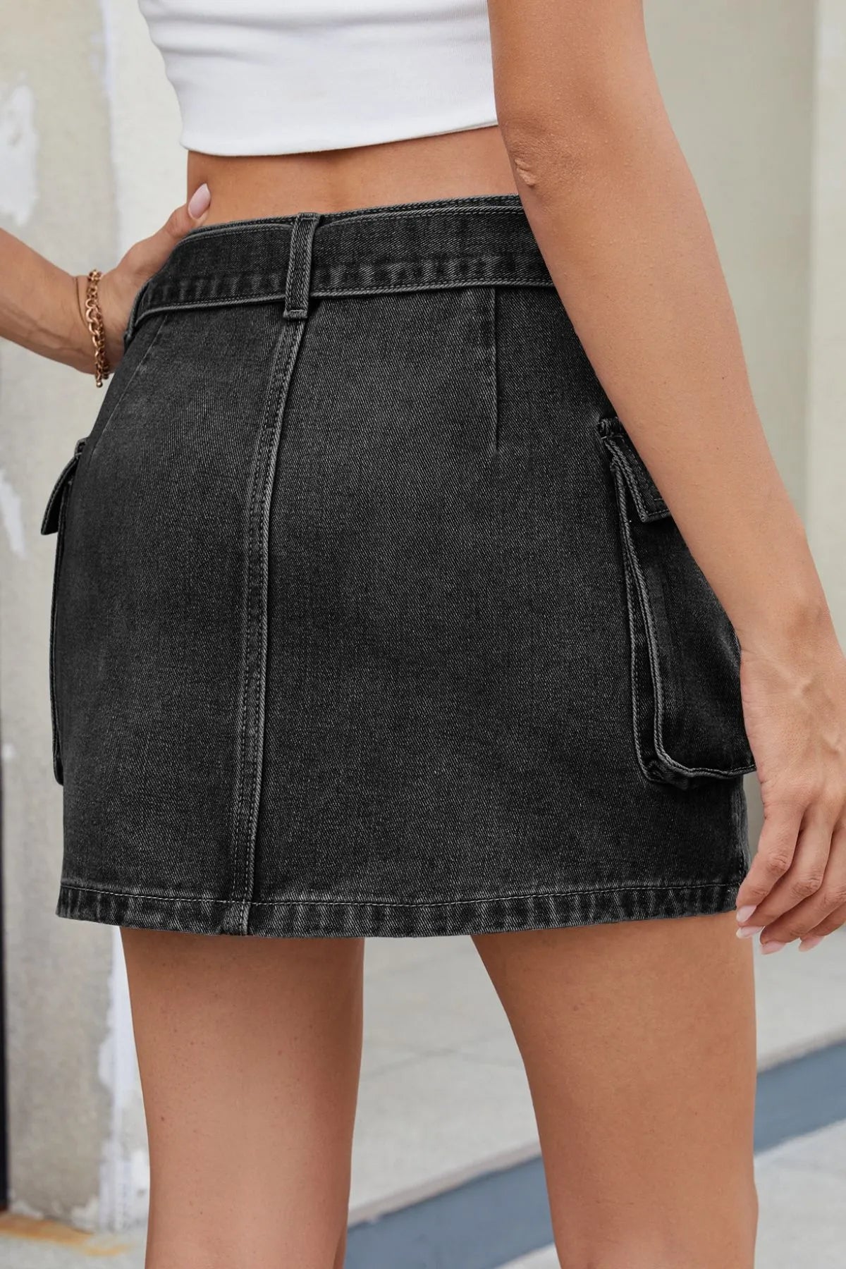 Criss-Cross Waist Detail Denim Mini Skirt.