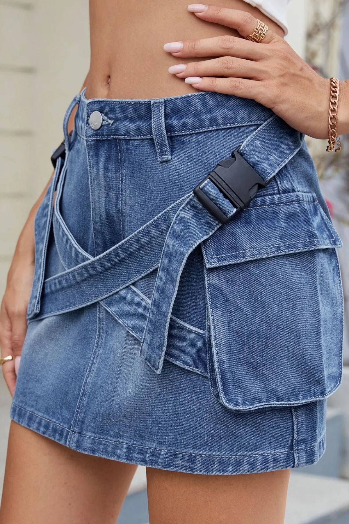 Criss-Cross Waist Detail Denim Mini Skirt.