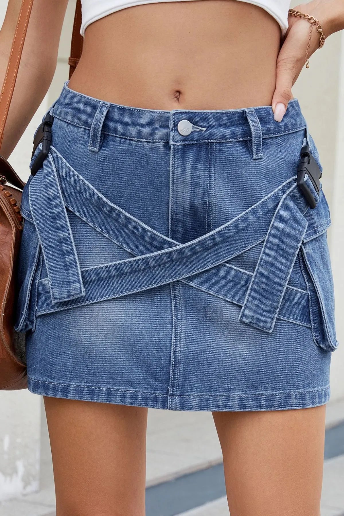 Criss-Cross Waist Detail Denim Mini Skirt.