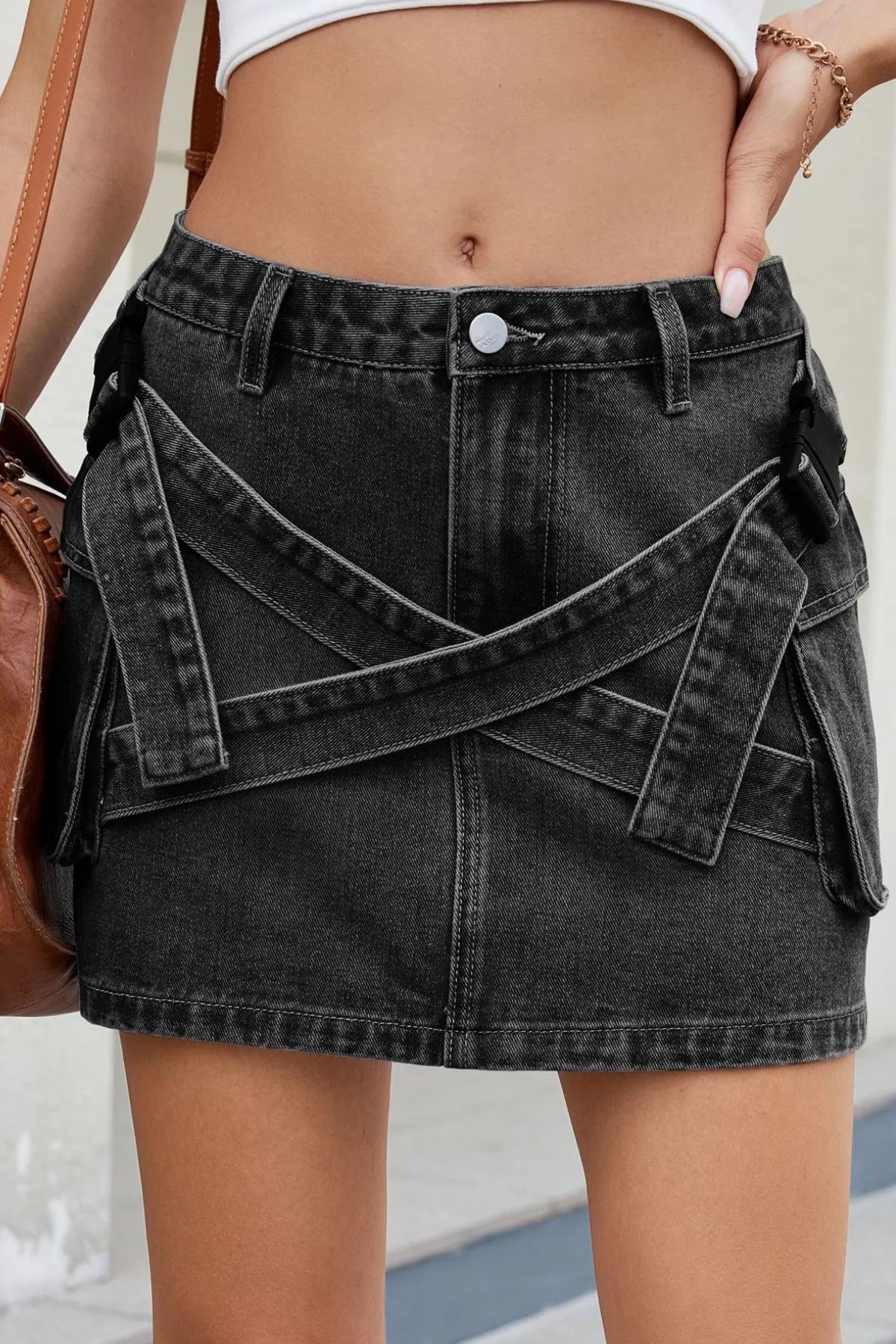 Criss-Cross Waist Detail Denim Mini Skirt.