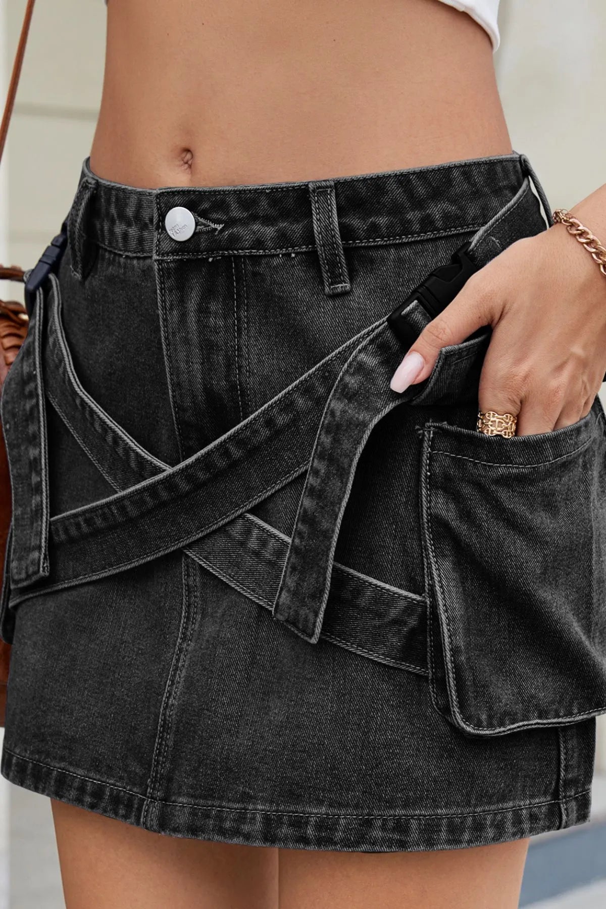 Criss-Cross Waist Detail Denim Mini Skirt.