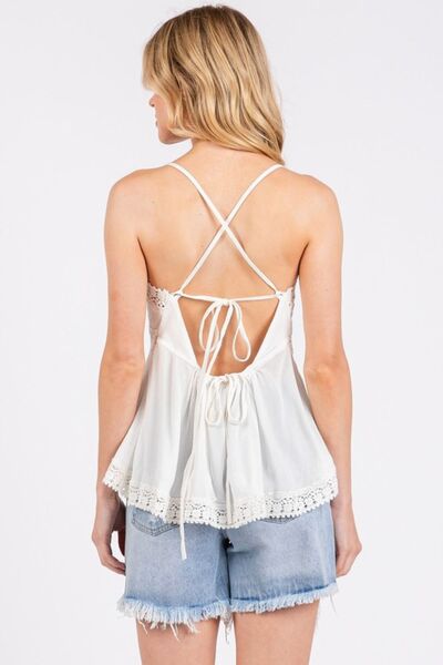 Crisscross back lace detail V-neck cami with tied and backless peplum design, semi-sheer.
