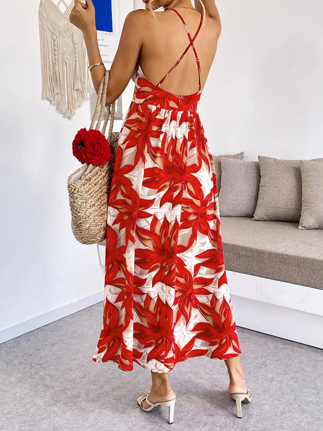 Crisscross Back Printed Midi Dress with Cutout Detail.