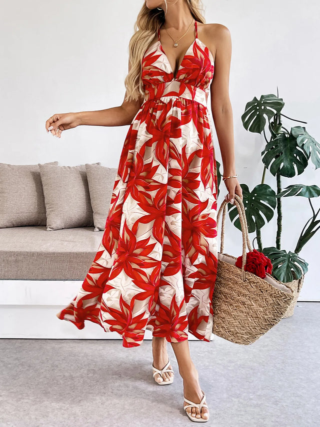 Crisscross Back Printed Midi Dress with Cutout Detail.