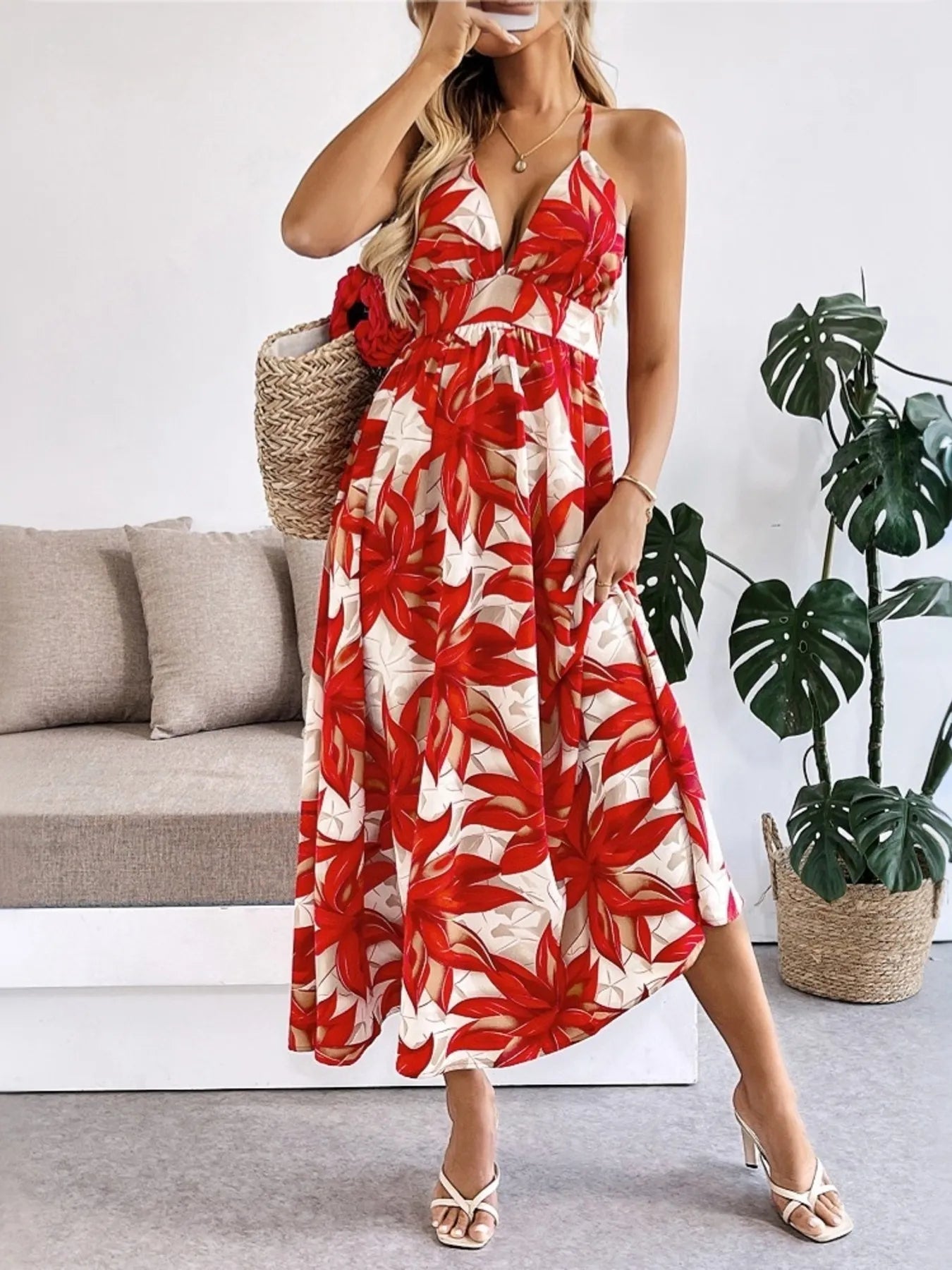 Crisscross Back Printed Midi Dress with Cutout Detail.