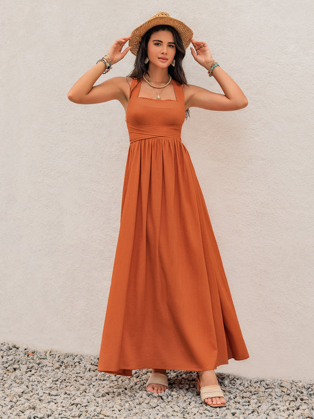 Crisscross Back Smocked Square Neck Maxi Dress with Tied and Ruched Details.