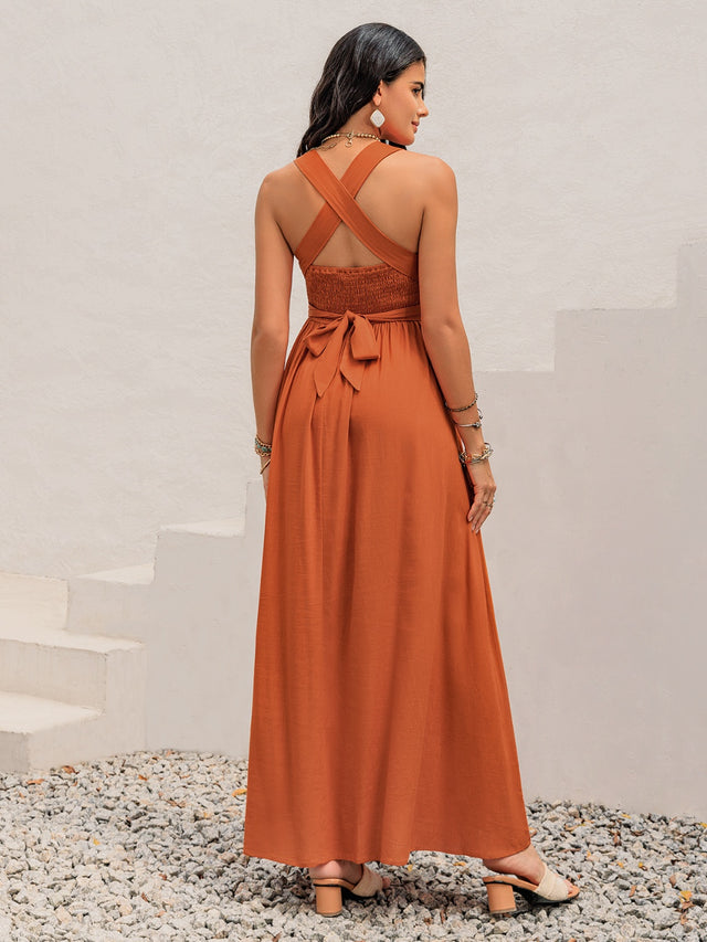Crisscross Back Smocked Square Neck Maxi Dress with Tied and Ruched Details.