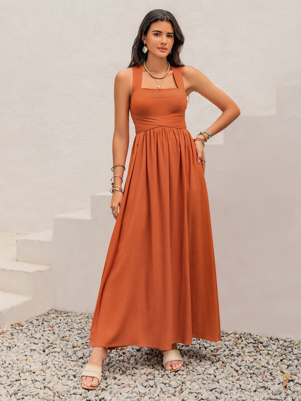 Crisscross Back Smocked Square Neck Maxi Dress with Tied and Ruched Details.