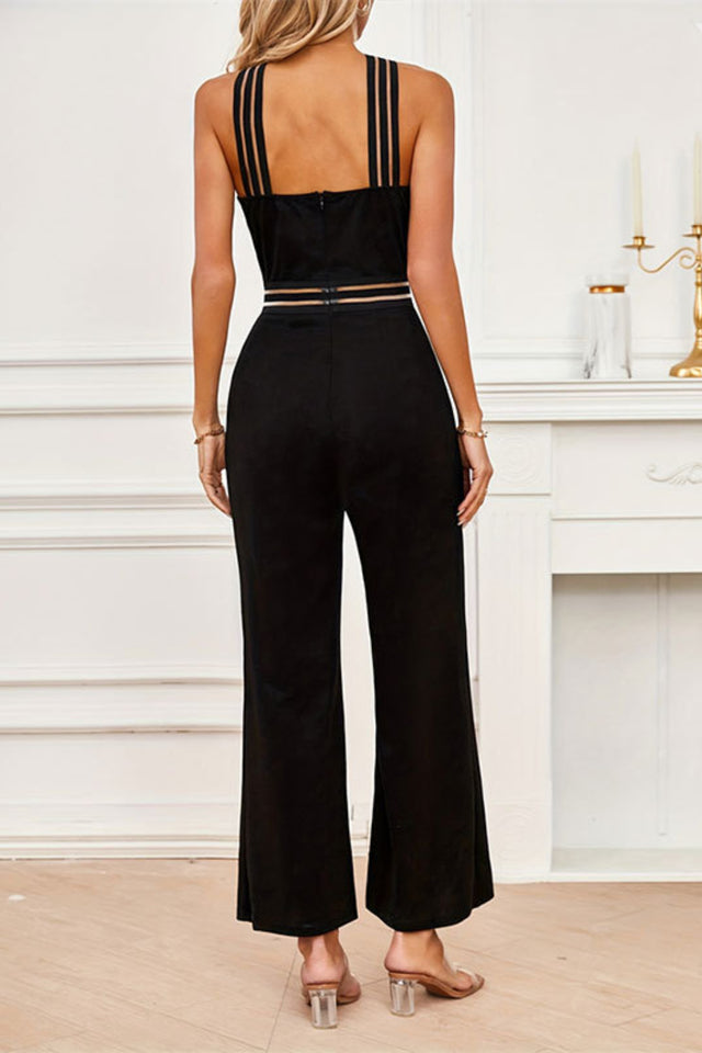 Crisscross Cutout Sleeveless Wide Leg Jumpsuit.