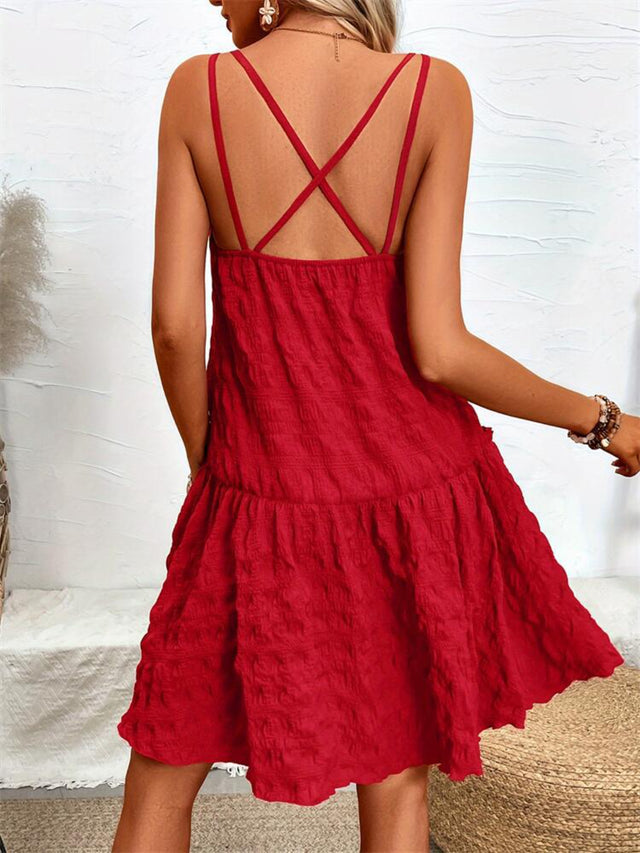 Crisscross Double Spaghetti Straps Tiered Cami Dress with Ruffled Details.