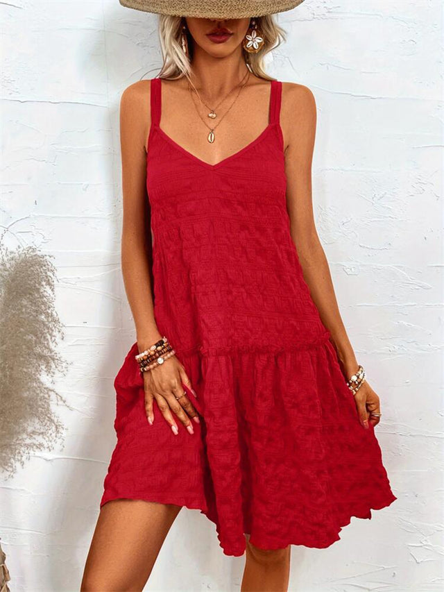 Crisscross Double Spaghetti Straps Tiered Cami Dress with Ruffled Details.