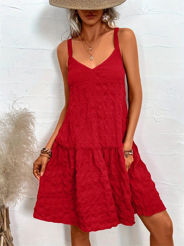Crisscross Double Spaghetti Straps Tiered Cami Dress with Ruffled Details.