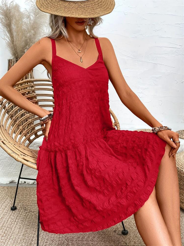 Crisscross Double Spaghetti Straps Tiered Cami Dress with Ruffled Details.
