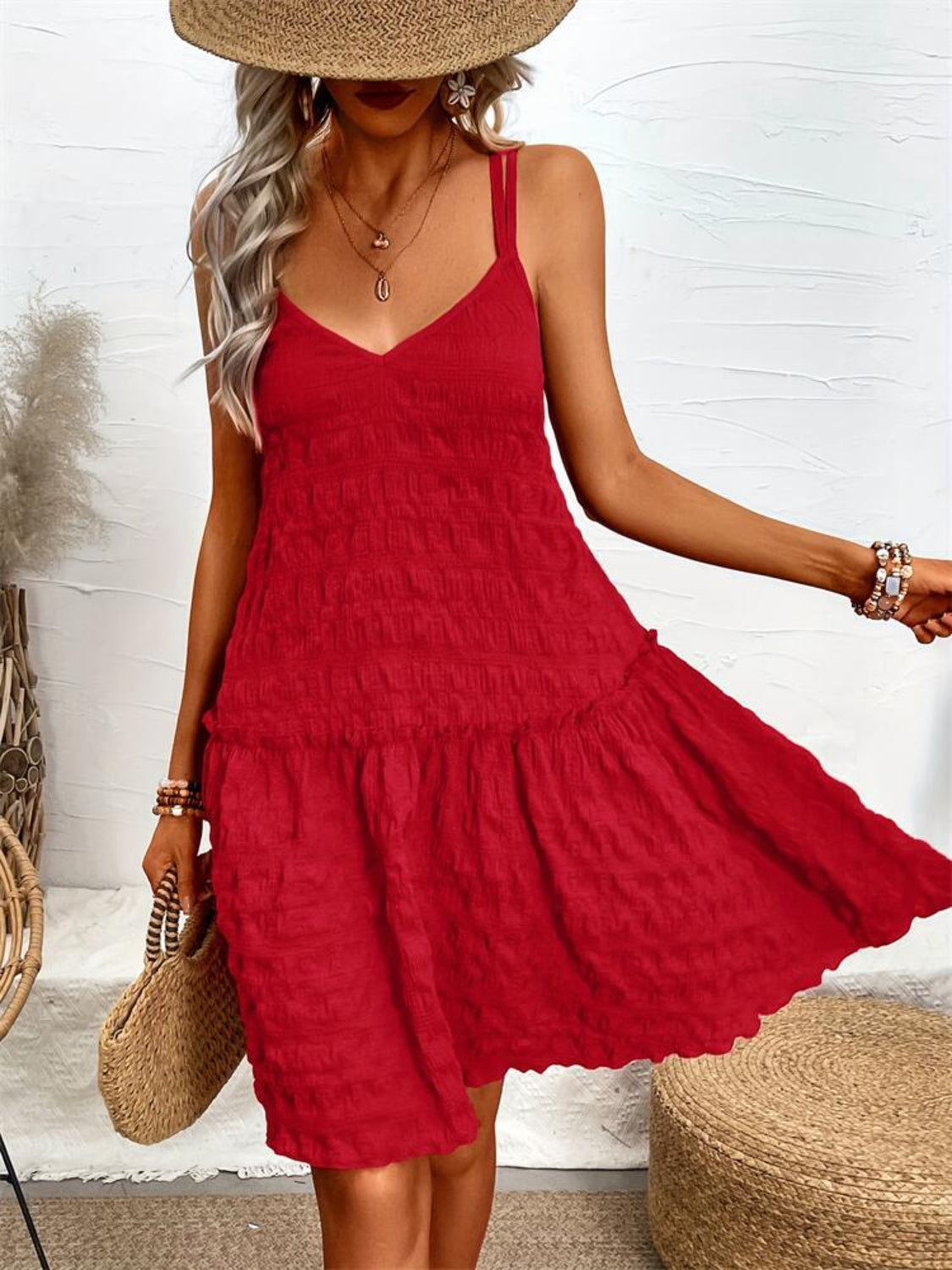 Crisscross Double Spaghetti Straps Tiered Cami Dress with Ruffled Details.