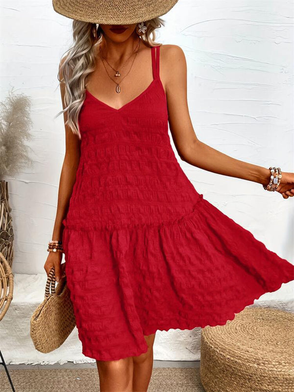 Crisscross Double Spaghetti Straps Tiered Cami Dress with Ruffled Details.
