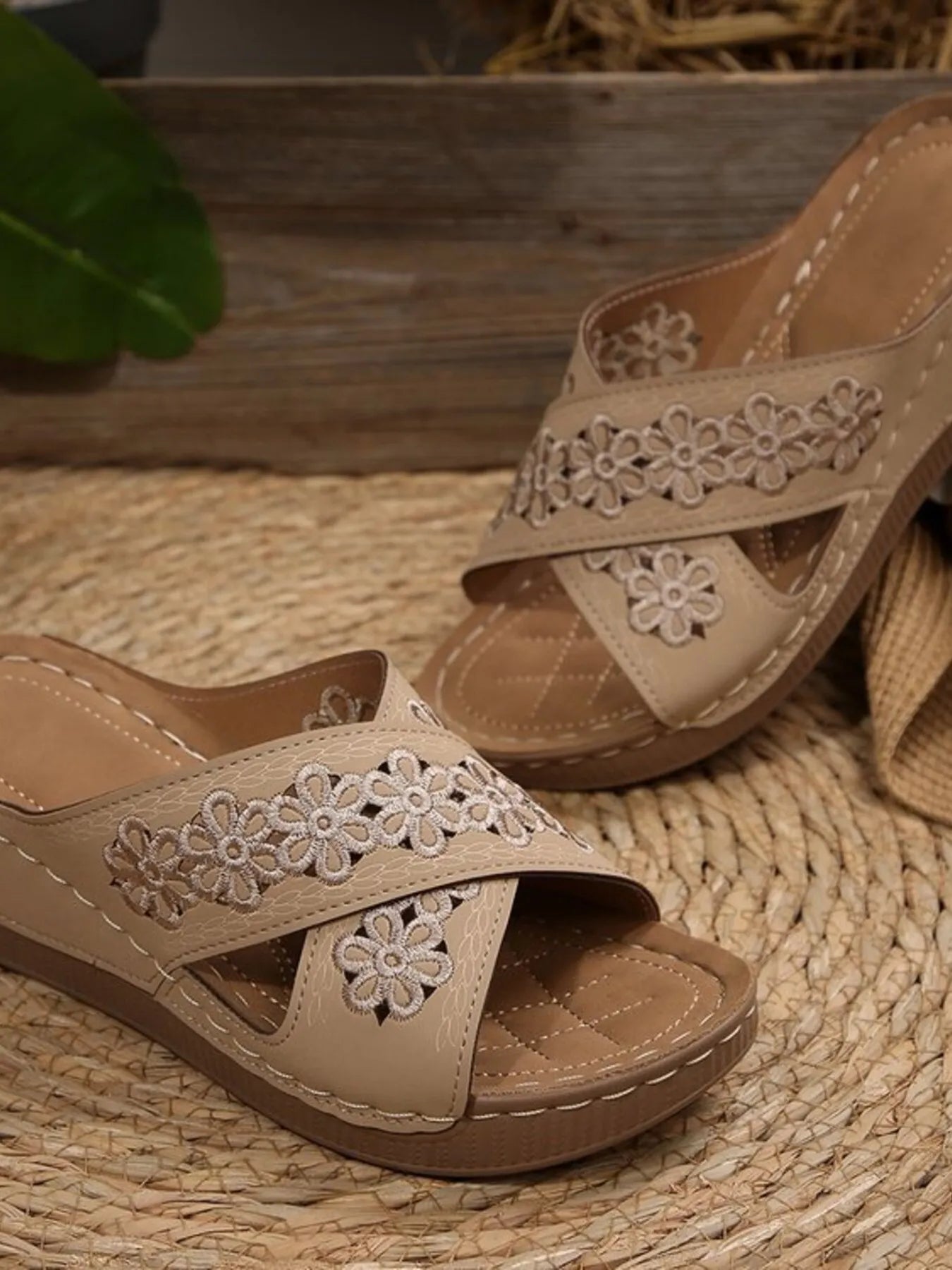 Chic crisscross flower low heel wedge sandals.