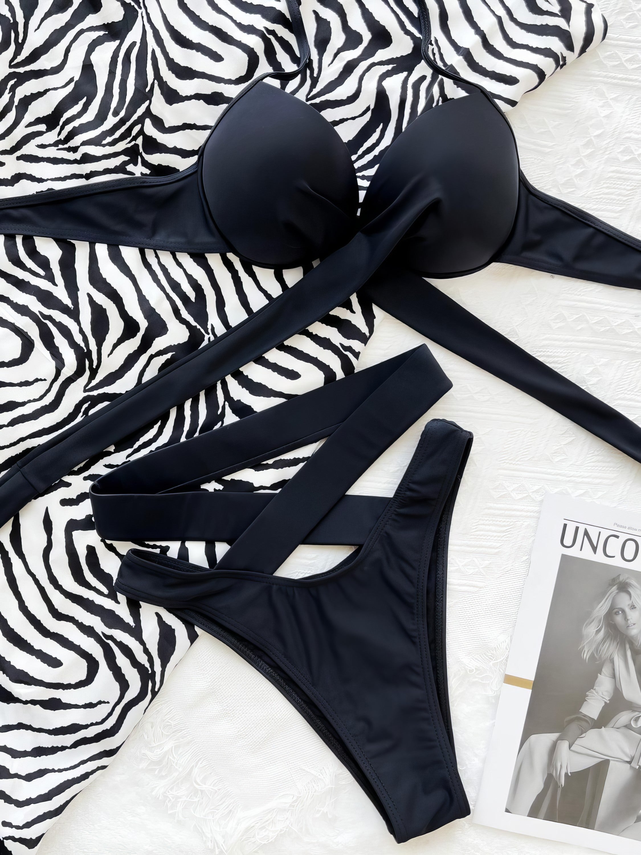 Ruched crisscross halter neck bikini set with removable padding.