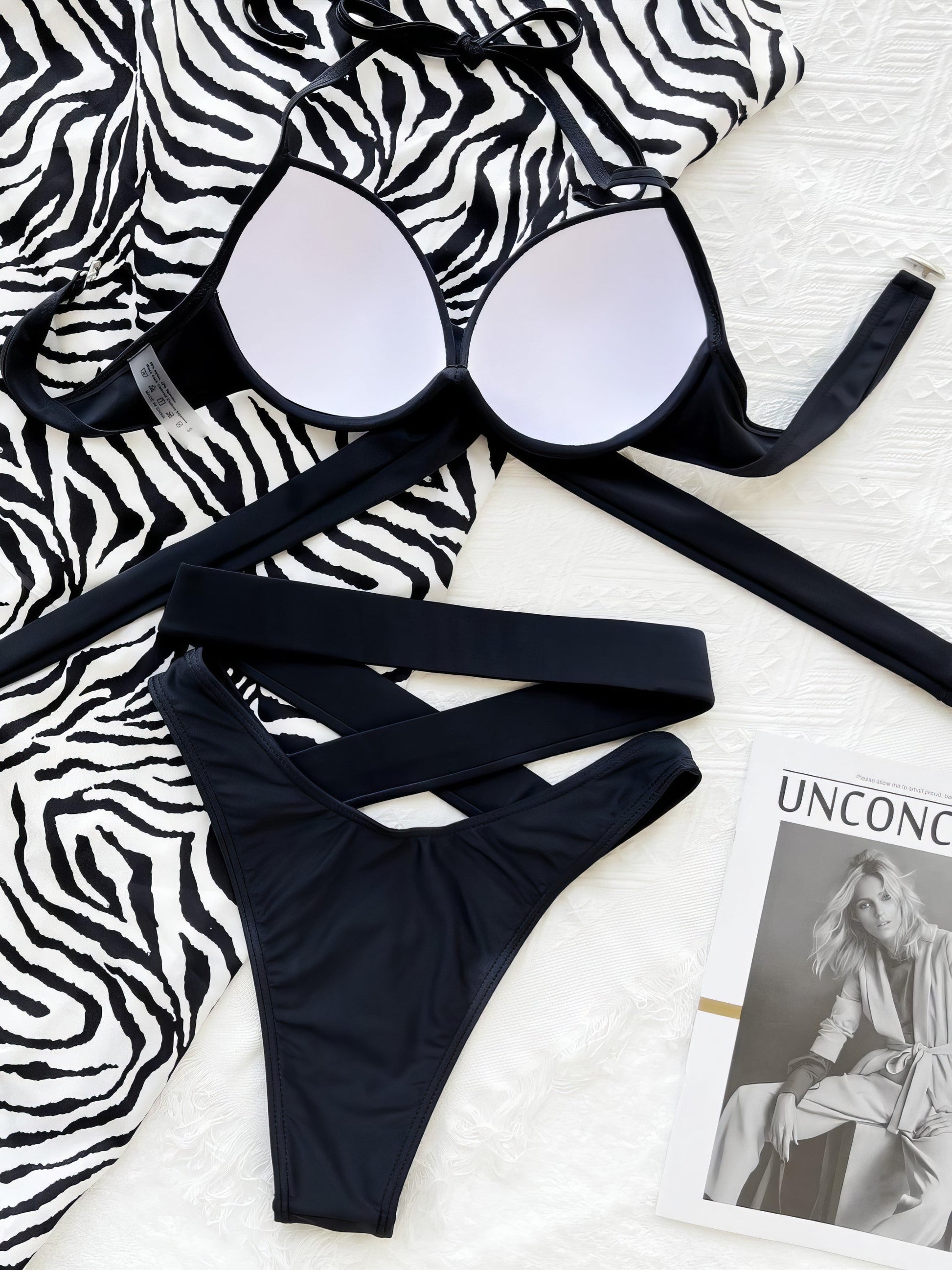 Ruched crisscross halter neck bikini set with removable padding.