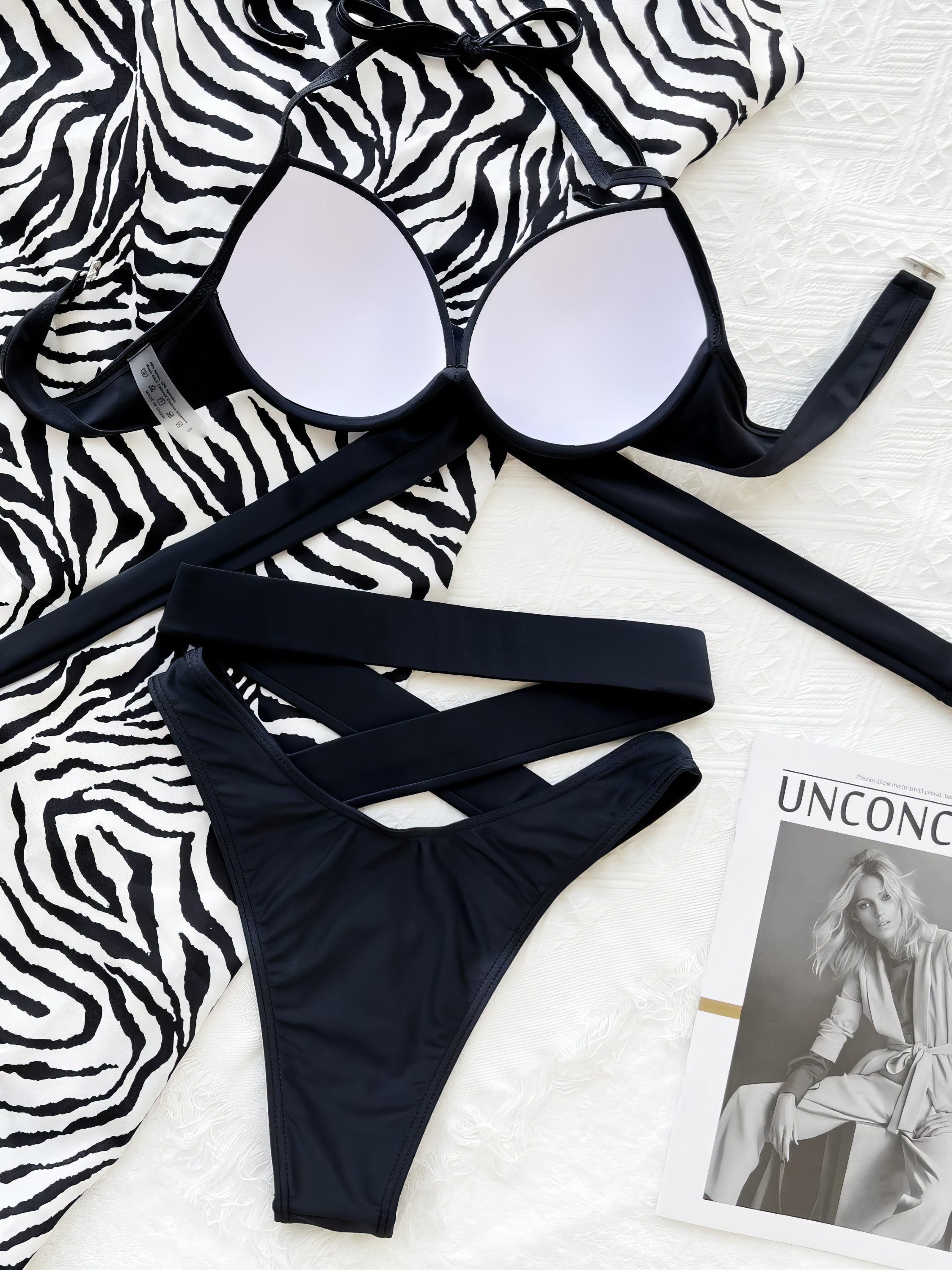 Ruched crisscross halter neck bikini set with removable padding.