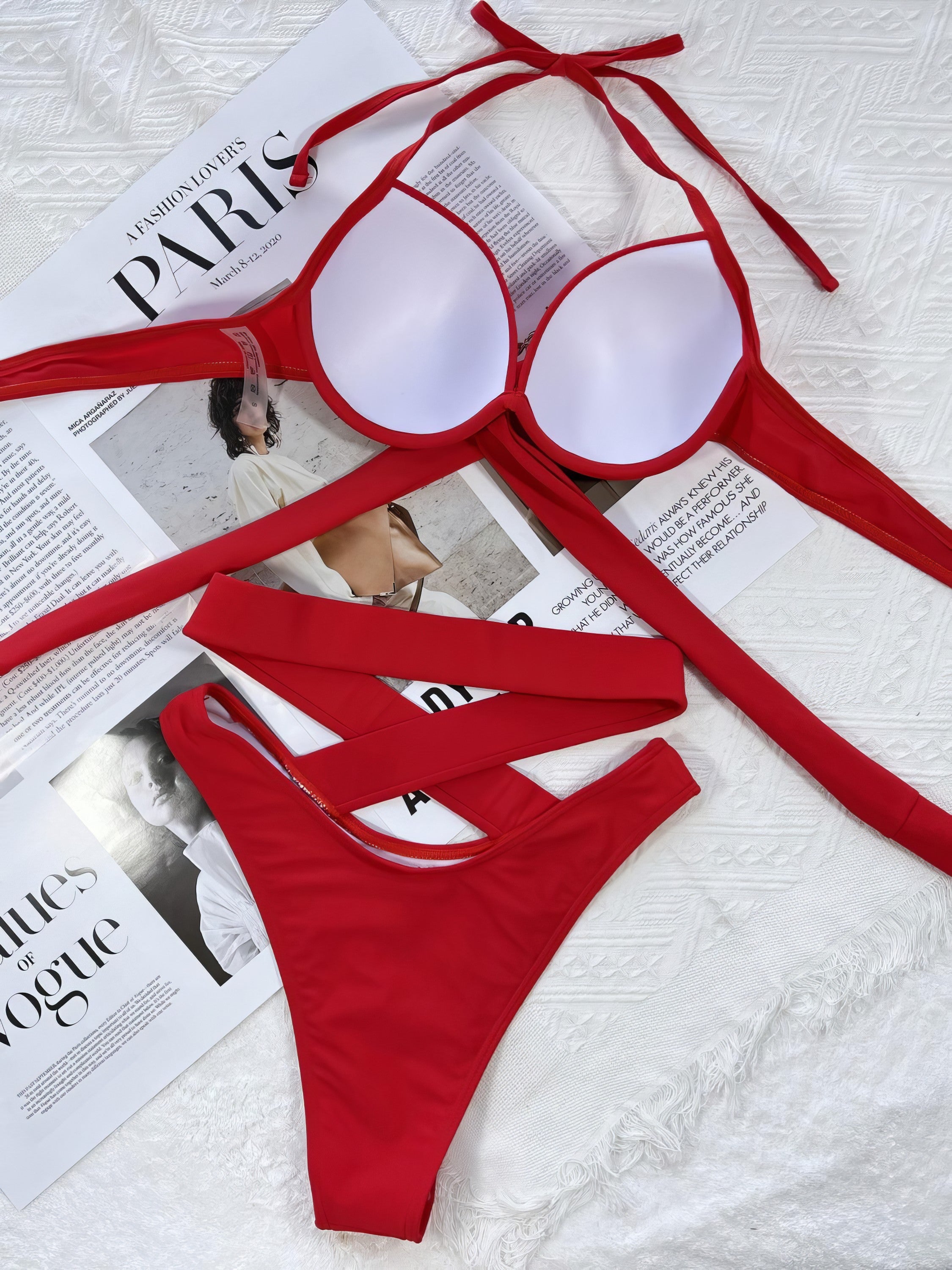 Ruched crisscross halter neck bikini set with removable padding.
