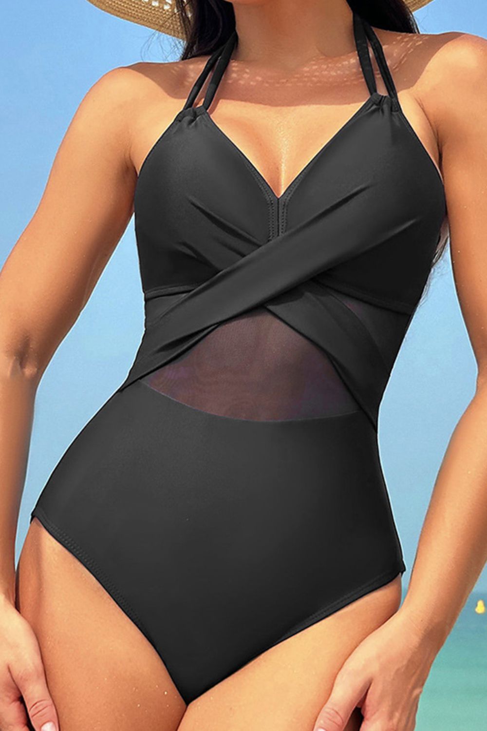 Crisscross Halter Neck One-Piece Swimwear with Tied Detail.