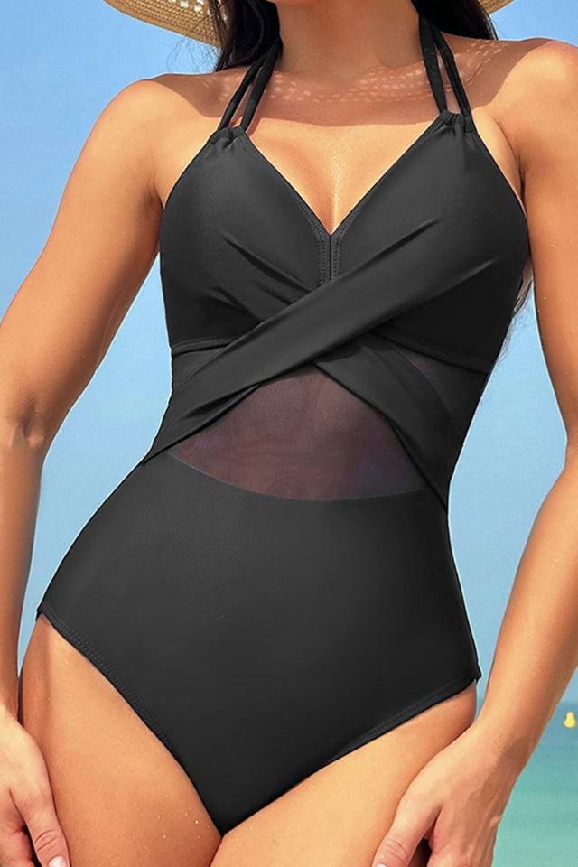 Crisscross Halter Neck One-Piece Swimwear with Tied Detail.