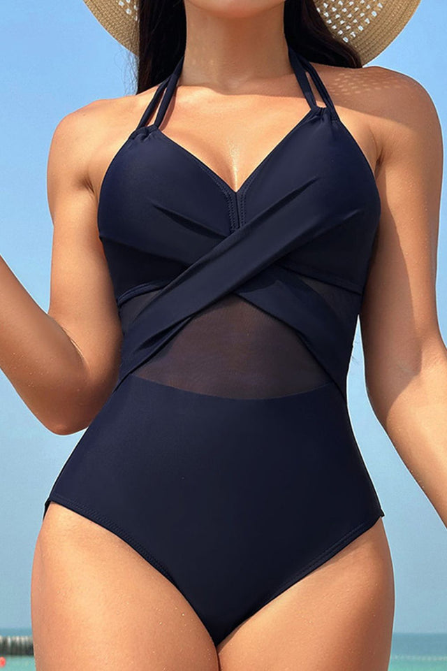 Crisscross Halter Neck One-Piece Swimwear with Tied Detail.