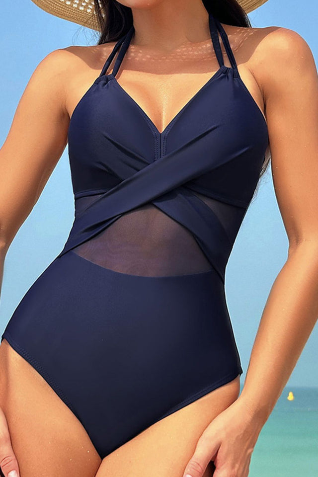 Crisscross Halter Neck One-Piece Swimwear with Tied Detail.