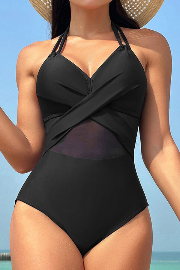 Crisscross Halter Neck One-Piece Swimwear with Tied Detail.