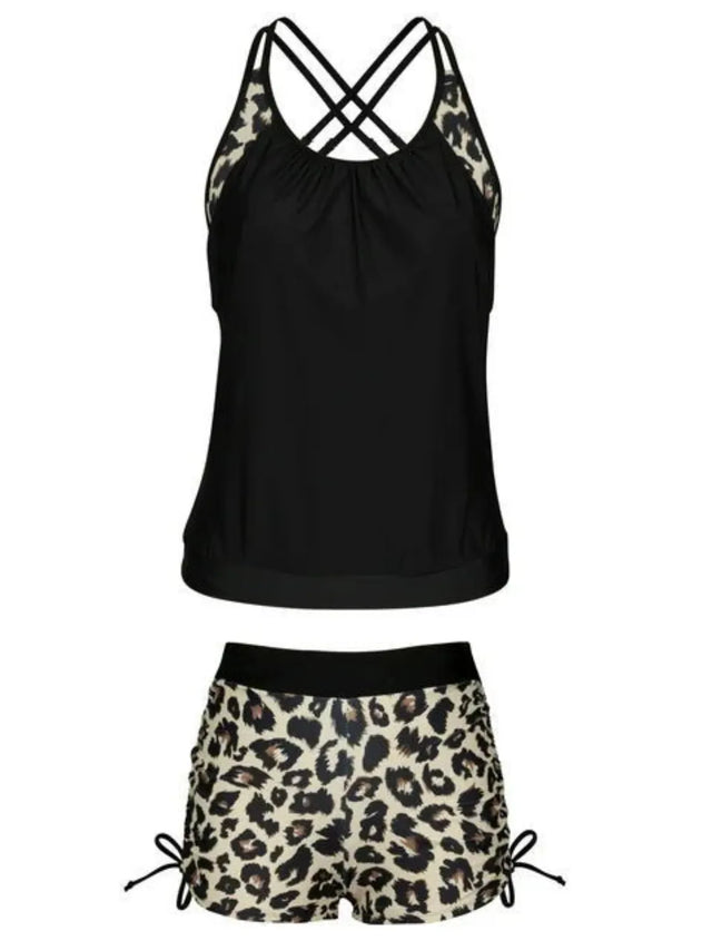 Leopard print crisscross scoop neck two-piece swim set with removable padding and drawstring.