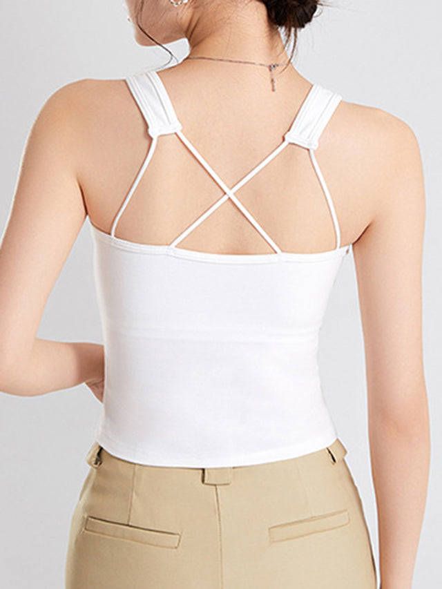 Crisscross scoop neck wide strap cropped tank top with chest pads.