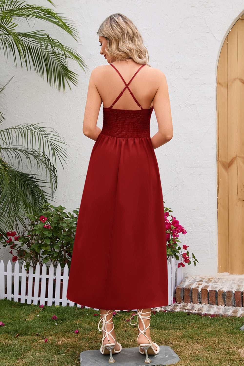 Crisscross Smocked Spaghetti Strap Dress.