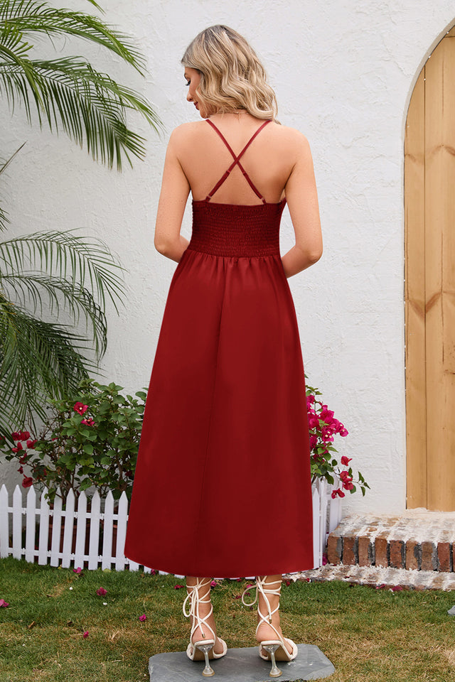 Crisscross Smocked Spaghetti Strap Dress.