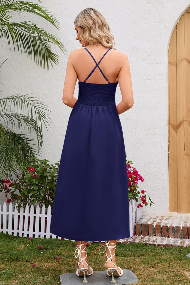 Crisscross Smocked Spaghetti Strap Dress.
