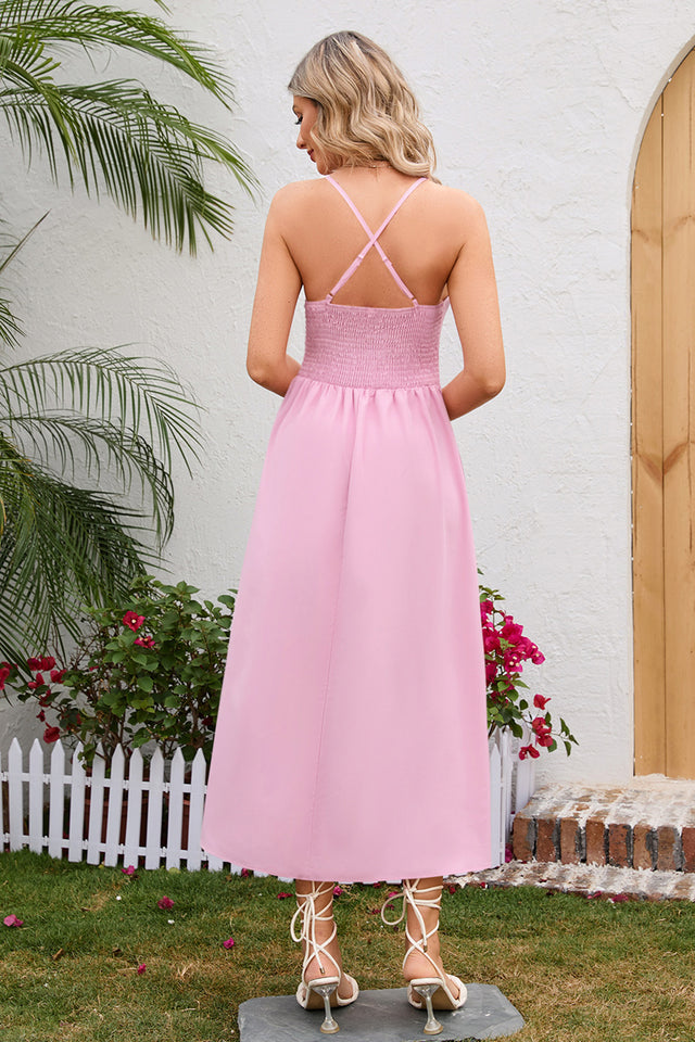 Crisscross Smocked Spaghetti Strap Dress.