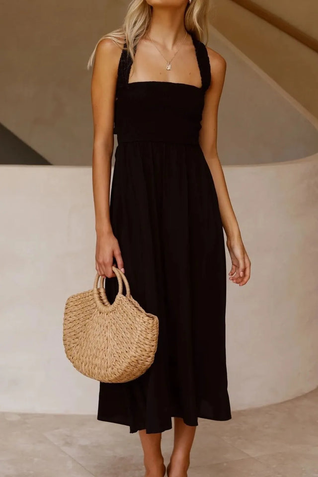 Crisscross Smocked Wide Strap Dress with Tied Details.