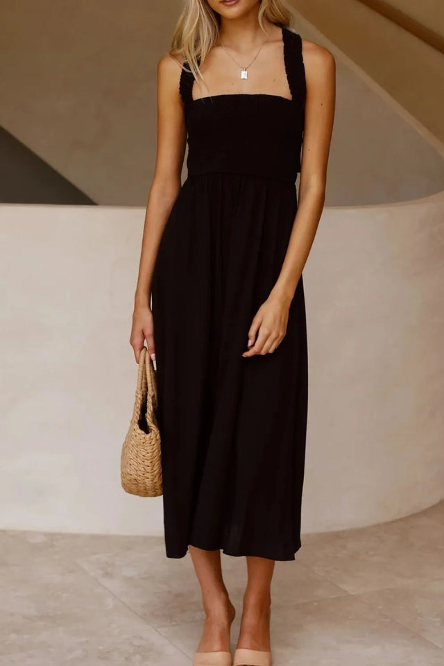 Crisscross Smocked Wide Strap Dress with Tied Details.