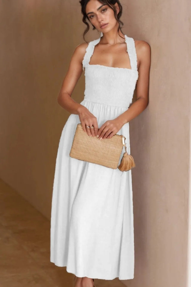 Crisscross Smocked Wide Strap Dress with Tied Details.