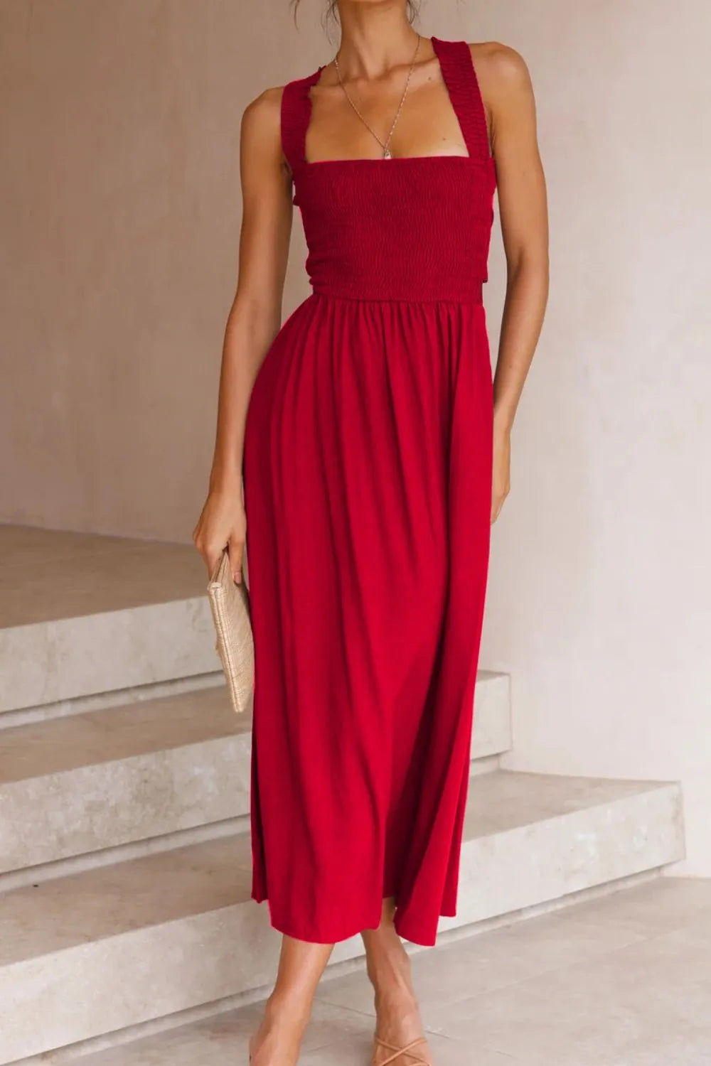 Crisscross Smocked Wide Strap Dress with Tied Details.