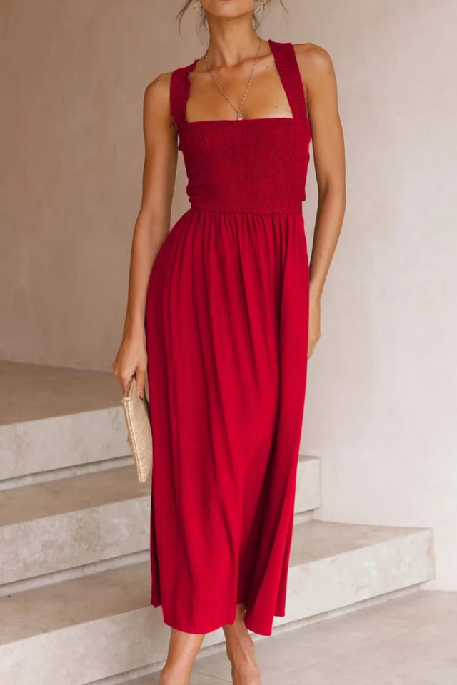 Crisscross Smocked Wide Strap Dress with Tied Details.