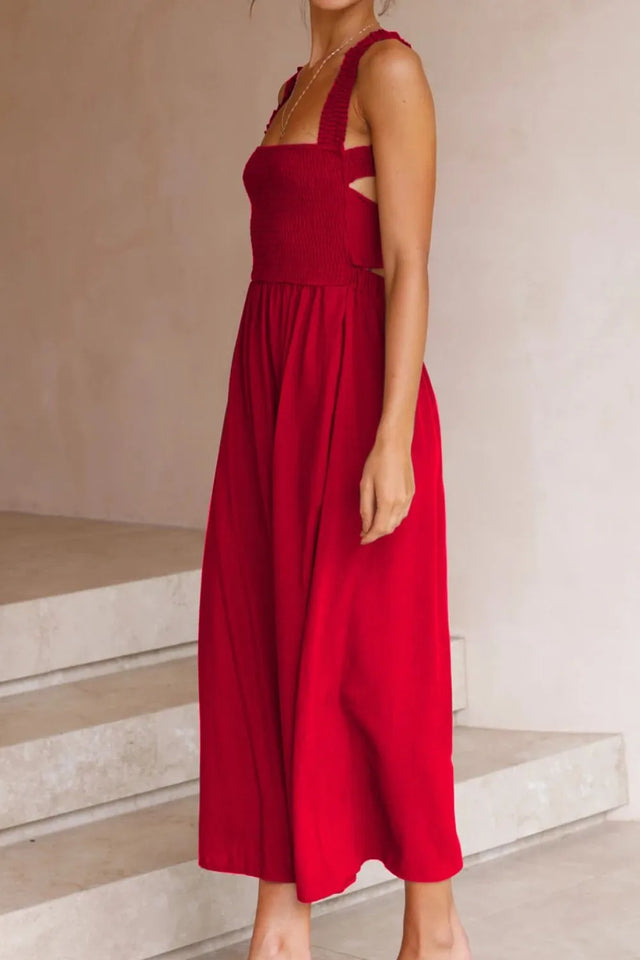 Crisscross Smocked Wide Strap Dress with Tied Details.
