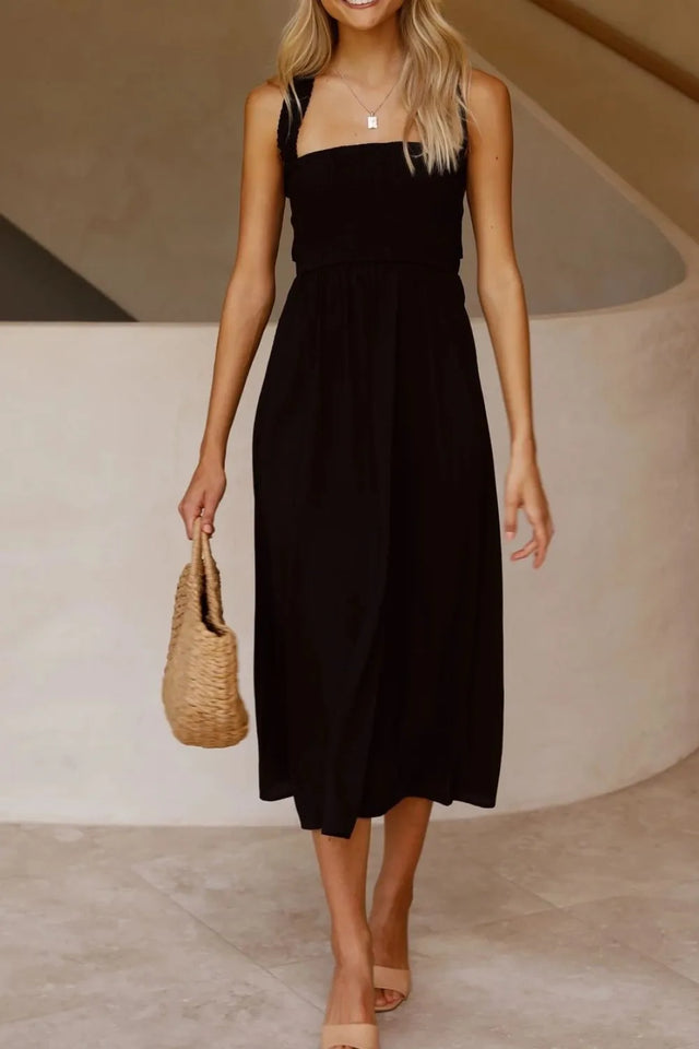 Crisscross Smocked Wide Strap Dress with Tied Details.